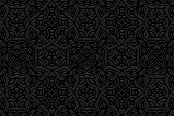 Obraz na płótnie Canvas Embossed black background design, modern banner with geometric volumetric convex ethnic 3D pattern. Oriental, Indonesian, Mexican, Aztec style, handmade technique, art deco.