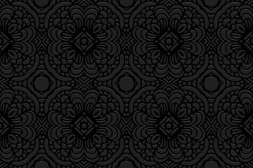 Obraz na płótnie Canvas Embossed black background design, creative banner with geometric volumetric convex ethnic 3D pattern. Oriental, Indonesian, Mexican, Aztec style, handmade technique, art deco.
