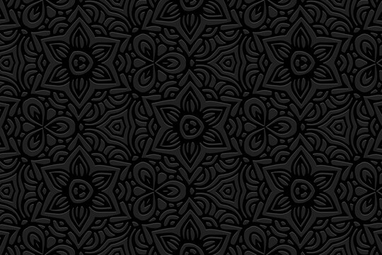 Embossed black background design, floral banner with geometric volumetric convex ethnic 3D pattern. Oriental, Indonesian, Mexican, Aztec style, handmade technique, art deco.