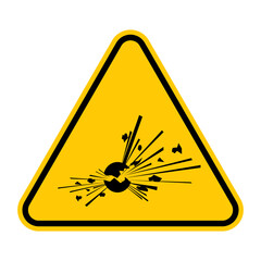 Explosive materials hazard sign. Substances and preparations which may explode.Vector illustration of yellow triangle warning sign with explosion icon inside. Caution dangerous material. Danger zone. 