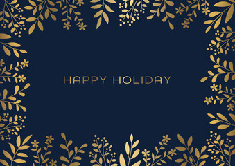 Christmas card design template Floral decorated frame Gold leaves on Navy background