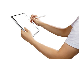 Side view of hand writing on a mockup tablet with pencil isolated on white