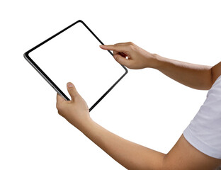 Side view of hand holding a mockup tablet with blank screen isolated on white