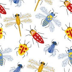 Vector illustration of colorful insect semless pattern isolated on white. Hand drawing style. Backdrop for wallpaper, print, textile, fabric, wrapping