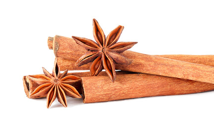 Cinnamon sticks and anise star isolated on white background