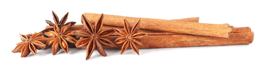 Cinnamon sticks and anise star isolated on white background