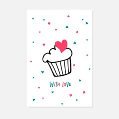 Capcake linear sketch and with love lettering. St. Valentine's Day card on hearts background. Love quote. Flat vector illustration for Valentines day with cake. Valentine's Day concept.