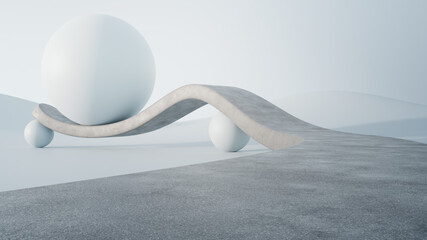 Empty asphalt floor for car park. 3d rendering of abstract gray road with white curved geometric shape background.