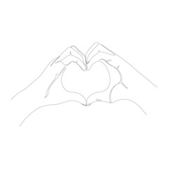 Symbol of love in vector illustration. Female hands making sign Heart by fingers, isolated on white background line art. For logo, packaging cosmetics, beauty Studio, tattoo, Spa, manicure, jewelry.