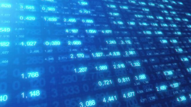 Computer screen with random numbers and graphic interface. Blue background with technology elements and information data. Business and financial analysis calculating on digital display, 3d animation.