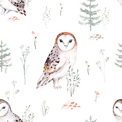 Watercolor Woodland animal Scandinavian seamless pattern. Fabric wallpaper background with Owl, hedgehog, fox and butterfly, rabbit forest squirrel and chipmunk, bear and bird baby animal,