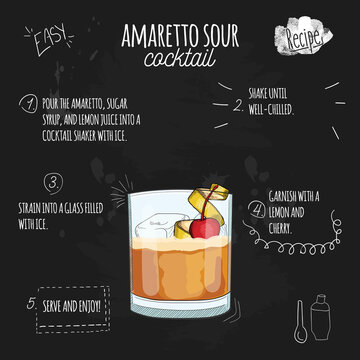Amaretto Sour Cocktail Illustration Recipe on Blackboard