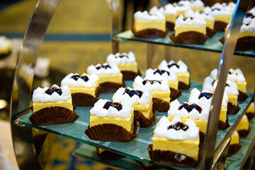 Cakes and chocolates bakery desserts placed on a tray or plate concept of junk food eat and get fat.