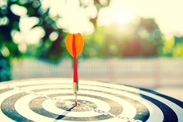 Bullseye or Bulls eye target or dartboard has dart arrow throw hitting the center of a shooting for...