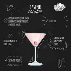 Casino Cocktail Illustration Recipe on Blackboard
