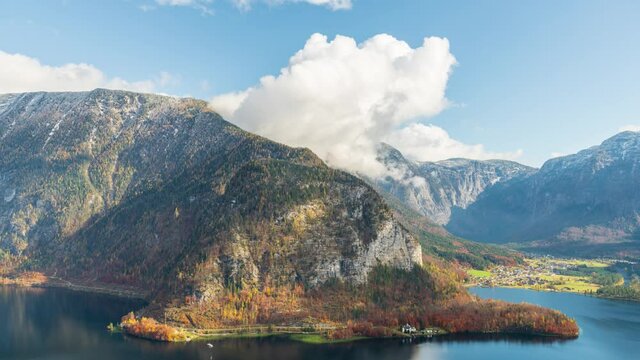 Hallstatt Lake Austrian Alps Beautiful Mountain Timelapse in Autumn