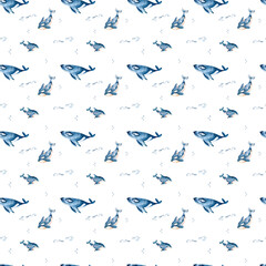 Watercolor whales seamless pattern . Hand drawn cute illustration with whales. Perfect for wrapping paper, wallpapers,prints and textile.
