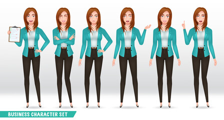 Business woman characters vector set. Businesswoman character in standing pose and gesture with friendly expression for young female employee collection design. Vector illustration.

