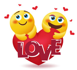 Emoji valentine vector concept design. Love text with smileys lovers character with cute and in love face expression for valentine's day couple emoticon. Vector illustration.
