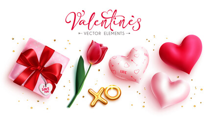 Valentines element vector set. Valentine's object collection of gift, tulip and hearts present elements in white background for love celebration presents design. Vector illustration.
