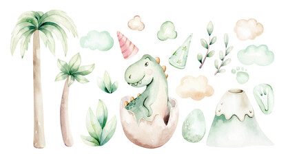 Watercolor cute dino. Dinosaurs Set Isolated on a White Background Hand Drawn Illustration, Baby shower invitation kids birthday jurassic party. cartoon tyrannosaurus decor