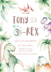 Watercolor cute dino. Dinosaurs Set Isolated on a White Background Hand Drawn Illustration, Baby shower invitation kids birthday jurassic party. cartoon tyrannosaurus decor © kris_art