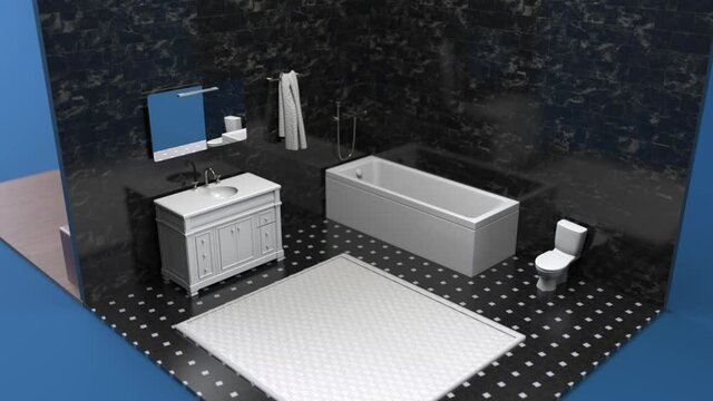 Animated construction of a modern bedroom, bathroom, sport gym and office