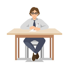 Happy boy studying with books. Student boy at the desk writing for her homework. Back to school. Studying on the table. Study concept. Flat vector illustration.