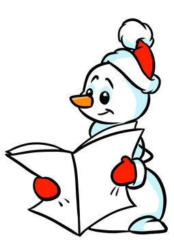 Little snowman character new year reading newspaper illustration cartoon