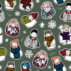 Cute people and pets with Christmas elements. Green funny winter seamless pattern for wrapping paper, background, postcards or other design. Isolated.