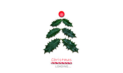 Christmas loading concept. Abstract minimal design of Christmas tree made of ilex leaves and candy...