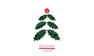 Christmas loading concept. Abstract minimal design of Christmas tree made of ilex leaves and candy cane bar isolated on white background.