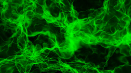 Green abtract background, glowing plasma smoke pattern, 3D render illustration.
