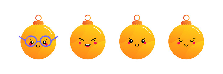 Set, collection of cute and smiling cartoon style yellow christmas ornaments, christmas balls characters.