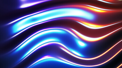 Abstract background, liquid metal waves with neon colors lights, interesting dark metallic texture 3D Render illustration.
