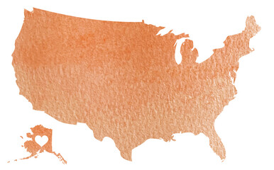 Watercolor orange map of USA with Alaska isolated on white