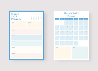 March 2022 planner template set. Set of planner and to do list. Monthly, weekly, daily planner template. Vector illustration.