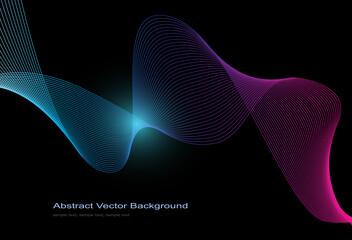 Abstract background with wave lines, purple blue design on black,  vector illustration. 