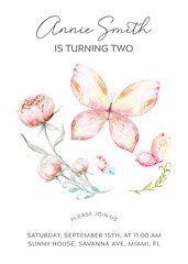 templates for celebration, wedding invitation with watercolor peonies and butterflies. . Vintage design