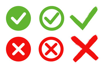 Set of flat buttons: green check marks and red crosses. Vector illustration