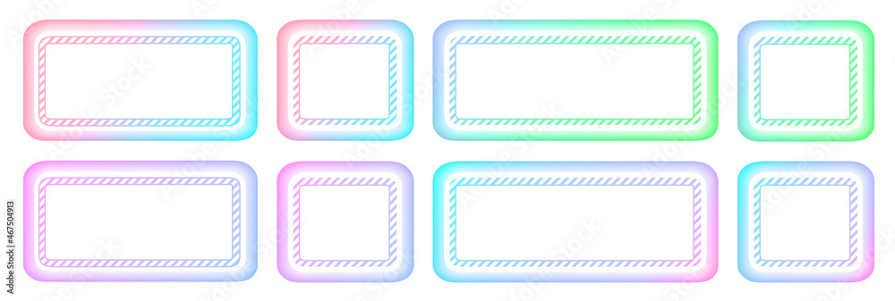 Aufkleber Set of white buttons soft colorful frames in neon colors with striped pattern, modern buttons collection oval rectangle shapes on white background, vector illustration.