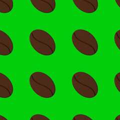 Drawing of images of coffee beans on a green-lime background. template for overlaying on the surface. seamless pattern. 3D rendering. 3D image