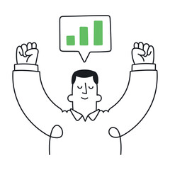 Happy businessman celebrates profit growth. Outline, linear, thin line, doodle art. Simple style with editable stroke.