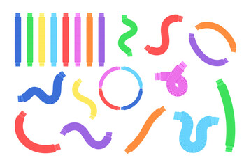 Pop tubes isolated. Trendy 2021 sensory fidgets poptubes collection. Popular antistress toys for children. Vector set illustration - obrazy, fototapety, plakaty