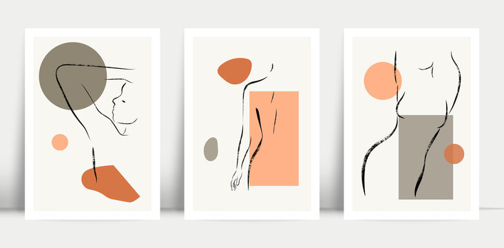 Poster design with continious woman silhouette line drawing. Brush stroke Wall hanging posters.