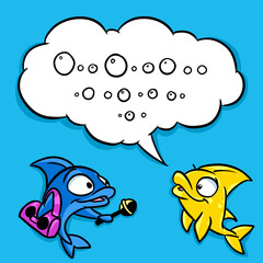 Fish interview journalist words dumb air bubbles joke illustration cartoon