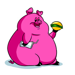 Big fat pig eating hamburger illustration cartoon