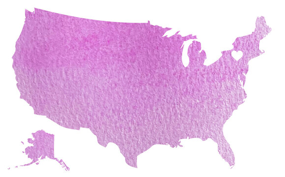 Watercolor pink map of USA with New York state isolated on white