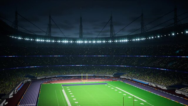 American football night stadium with fans iilluminated by spotlights waiting game. High quality 4k footage