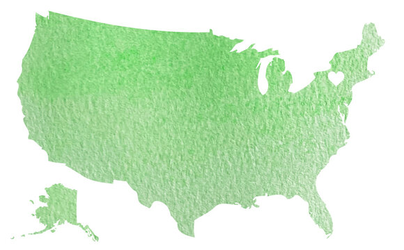 Watercolor green map of USA with New York state isolated on white